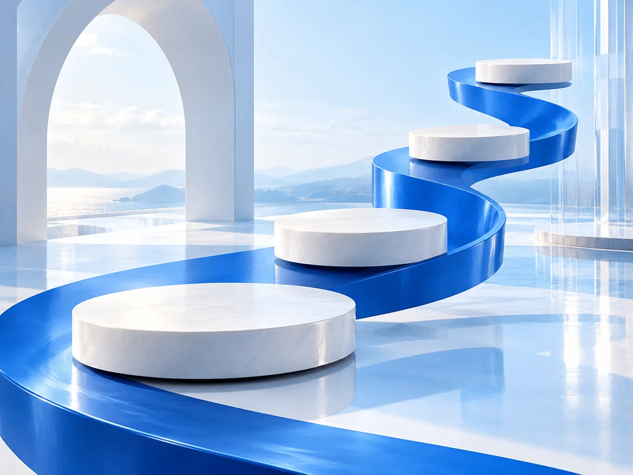 Abstract blue pathway connecting four white platforms in a bright architectural space.