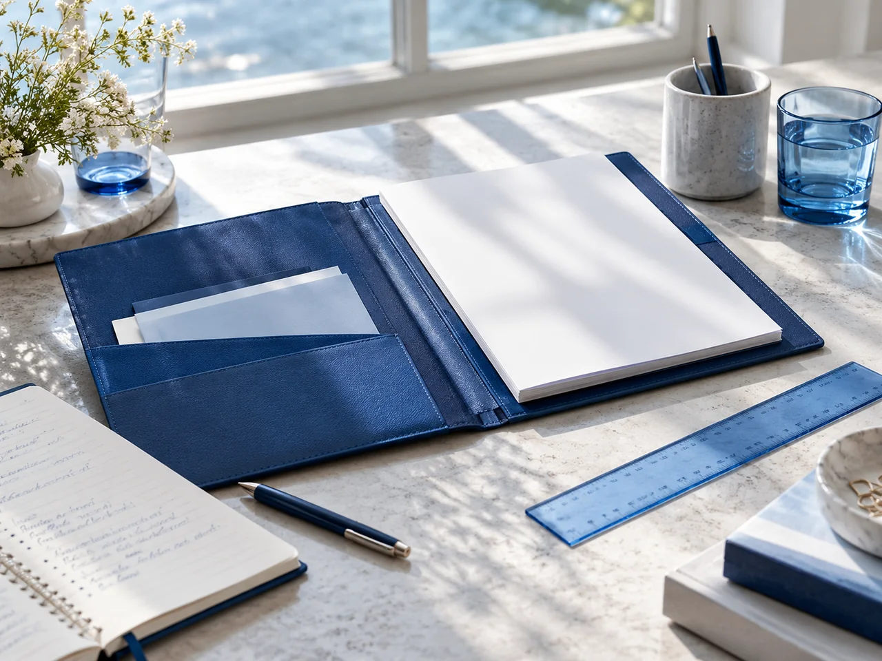 A carefully arranged blue folio and notebook suggest a readiness review.