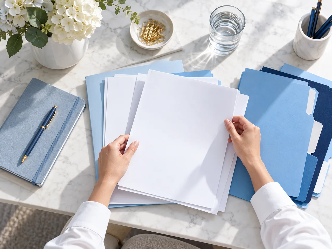 An overhead view of hands organizing plain business papers into blue folders.