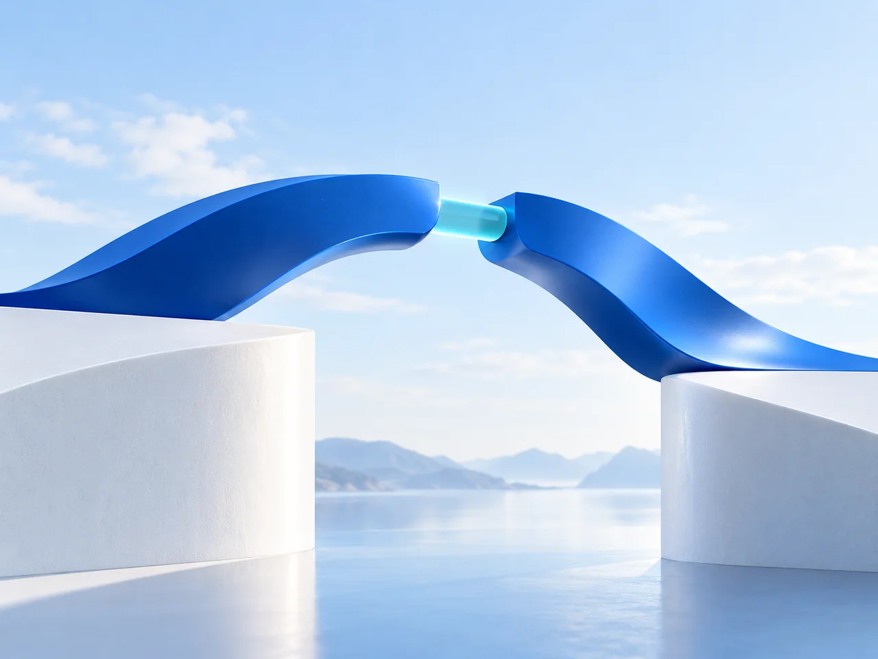 Two blue forms bridge a gap between white platforms to suggest clarification.