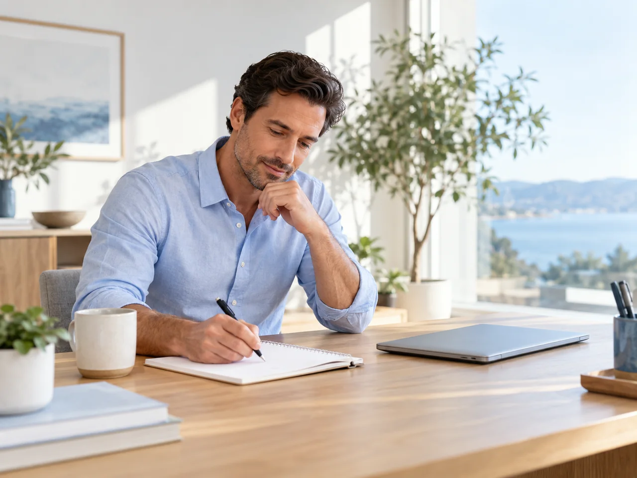 Illustrative business owner writing questions before an online meeting.