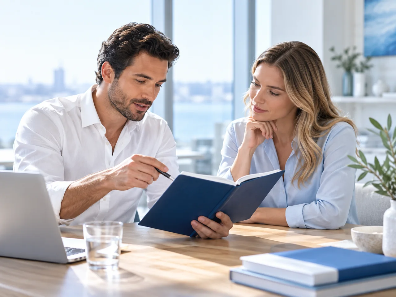 Two illustrative adults review notes during a focused consultation.