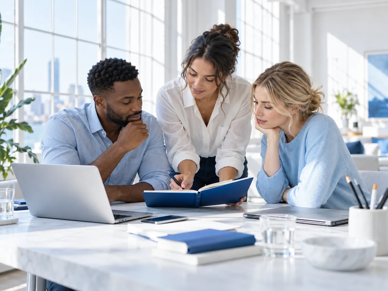 An illustrative growing business team coordinates around a shared notebook.